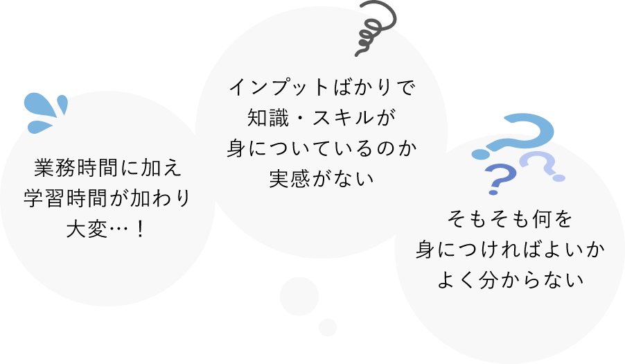 業務時間に加え学習時間が加わり大変…！/インプットばかりで知識・スキルが身についているのか実感がない/そもそも何を身につければよいかよく分からない