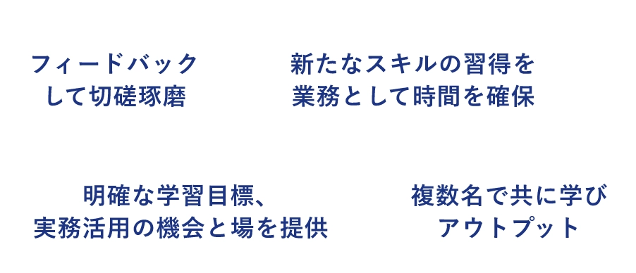 フィードバックして切磋琢磨/新たなスキルの習得を業務として時間を確保/明確な学習目標、実務活用の機会と場を提供/複数名で共に学びアウトプット